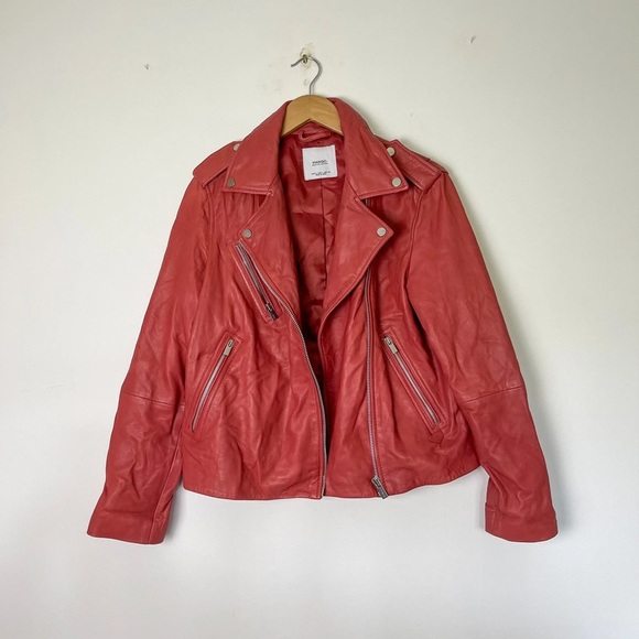 Mango Jackets & Blazers - Mango MNG Dark Pink Salmon Genuine Leather Biker Jacket XL